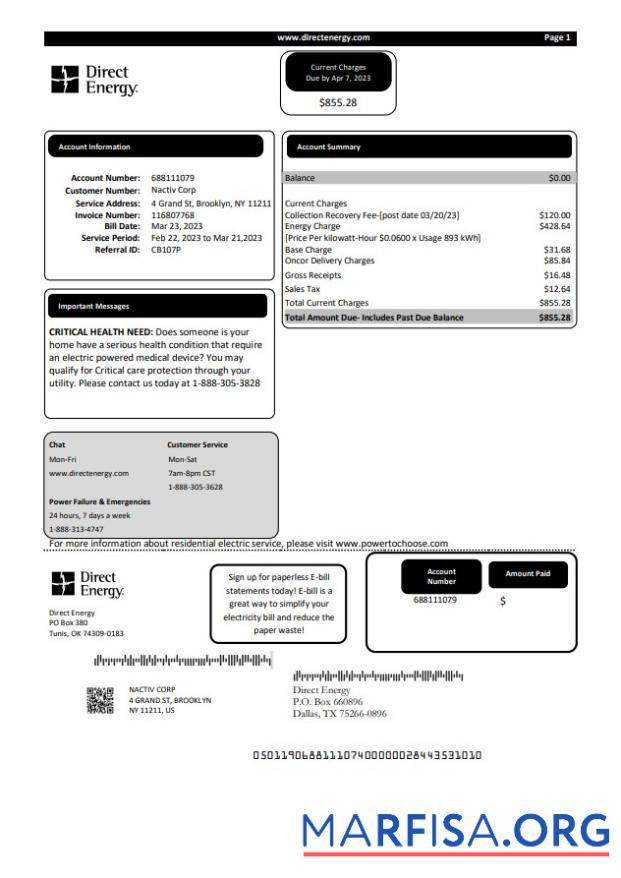Downloadable Texas Direct Energy utility business bill, Word and PDF template